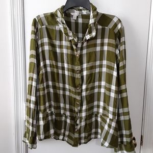 Cato olive and white plaid button up blouse, 26/28 W